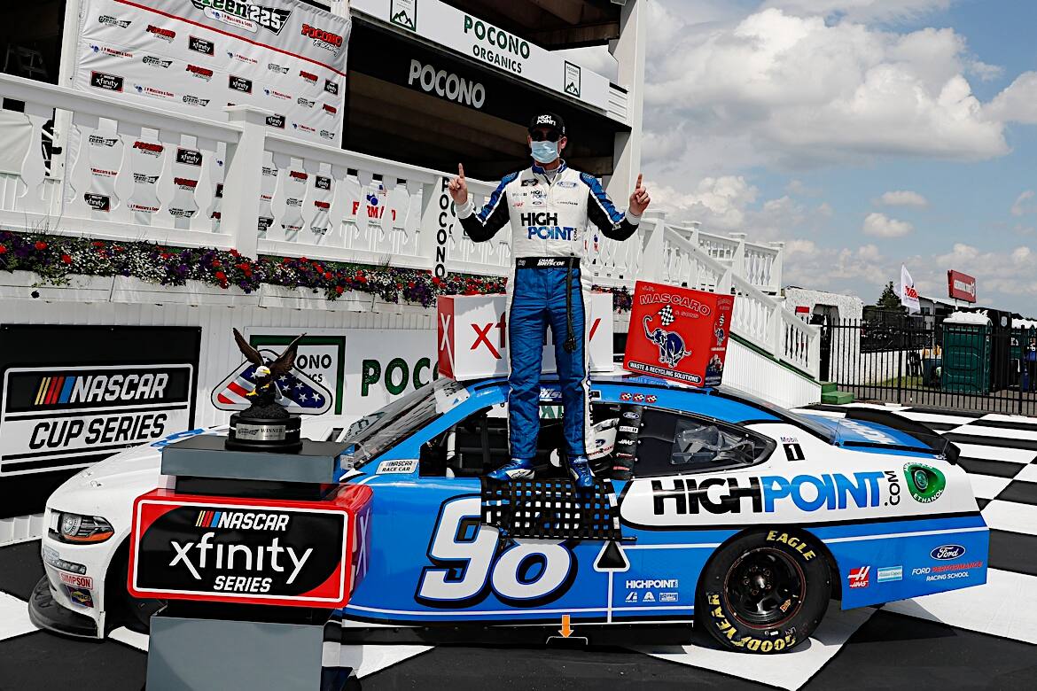 In Sunday's NASCAR Xfinity race from Pocono, SHR's Chase Briscoe got his fourth win of the season. In Sunday's NASCAR Xfinity race from Pocono, SHR's Chase Briscoe got his fourth win of the season.