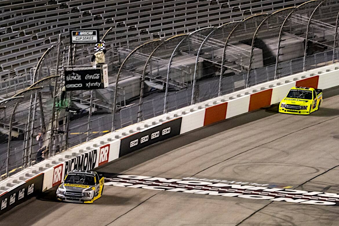 ThorSport's Grant Enfinger led a 1-2-3 Ford finish in the NASCAR Truck series regular-season finale. ThorSport's Grant Enfinger led a 1-2-3 Ford finish in the NASCAR Truck series regular-season finale.