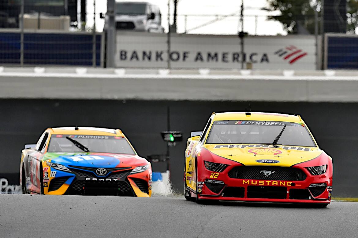 Team Penske's Joey Logano (second) led four top-10 Mustangs on the Charlotte Roval road course. Team Penske's Joey Logano (second) led four top-10 Mustangs on the Charlotte Roval road course.