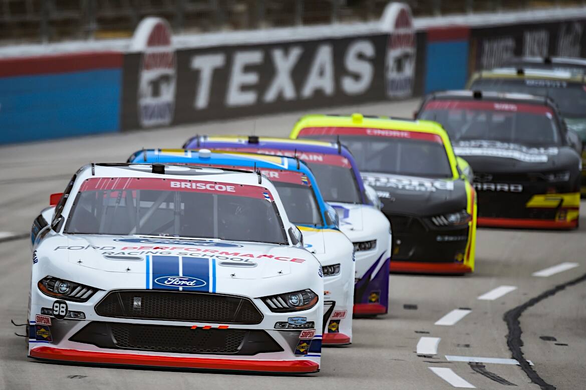 SHR's Chase Briscoe (24th) led early before a broken shock mount cost him time in the garage. SHR's Chase Briscoe (24th) led early before a broken shock mount cost him time in the garage.