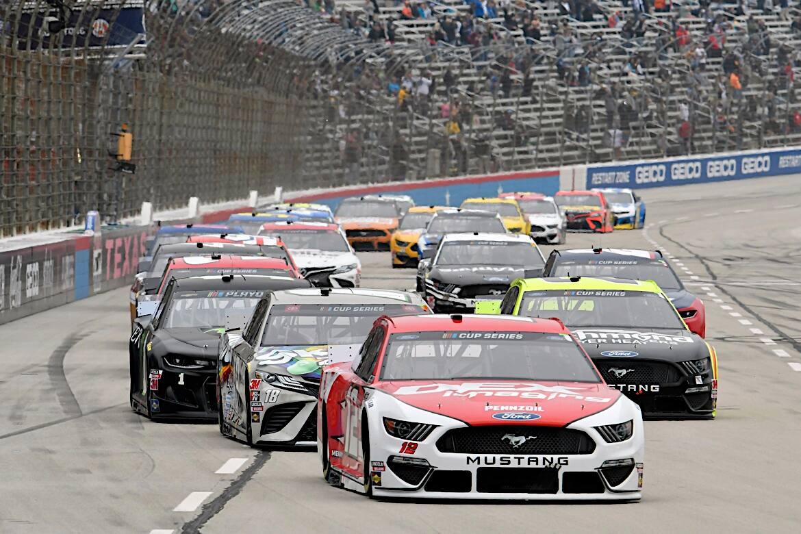 Team Penske's Ryan Blaney (fourth) led three Mustangs in the top 10 Wednesday. Team Penske's Ryan Blaney (fourth) led three Mustangs in the top 10 Wednesday.