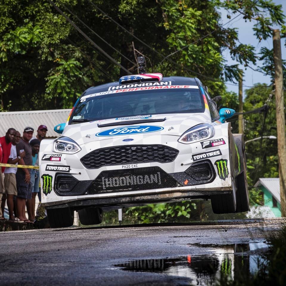Ken Block took the overall win in his Ford Fiesta Rally 2 race car at the Sol Rally Barbados. Ken Block took the overall win in his Ford Fiesta Rally 2 race car at the Sol Rally Barbados.
