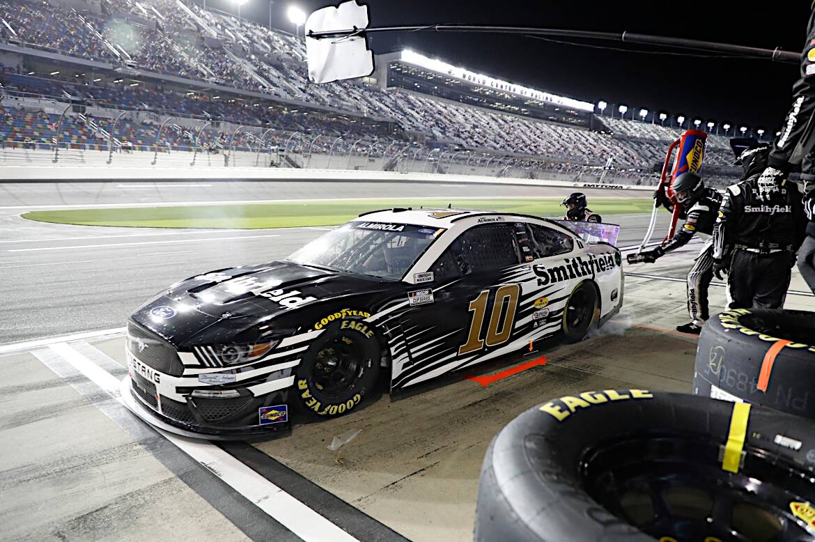 SHR's Aric Almirola was leading at lap 15 when he was hit from behind and taken out of the race. SHR's Aric Almirola was leading at lap 15 when he was hit from behind and taken out of the race.