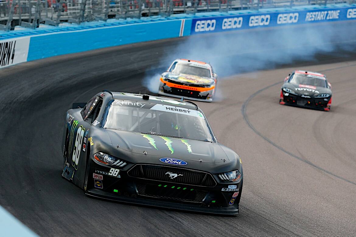 Riley Herbst finished fourth in the No. 98 SHR Mustang, his best finish of the season. Riley Herbst finished fourth in the No. 98 SHR Mustang, his best finish of the season.