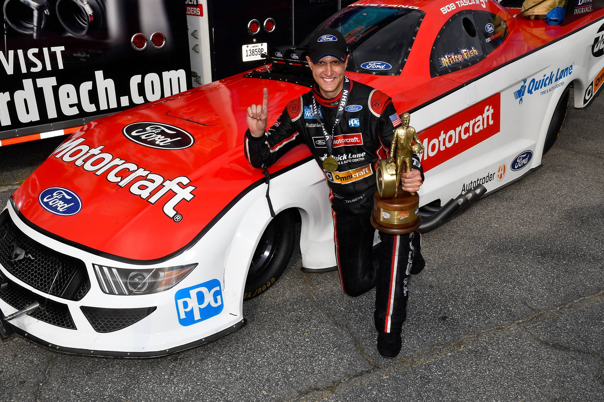 Bob Tasca III captured the Funny Car win at Atlanta, his second consecutive Wally. Bob Tasca III captured the Funny Car win at Atlanta, his second consecutive Wally.