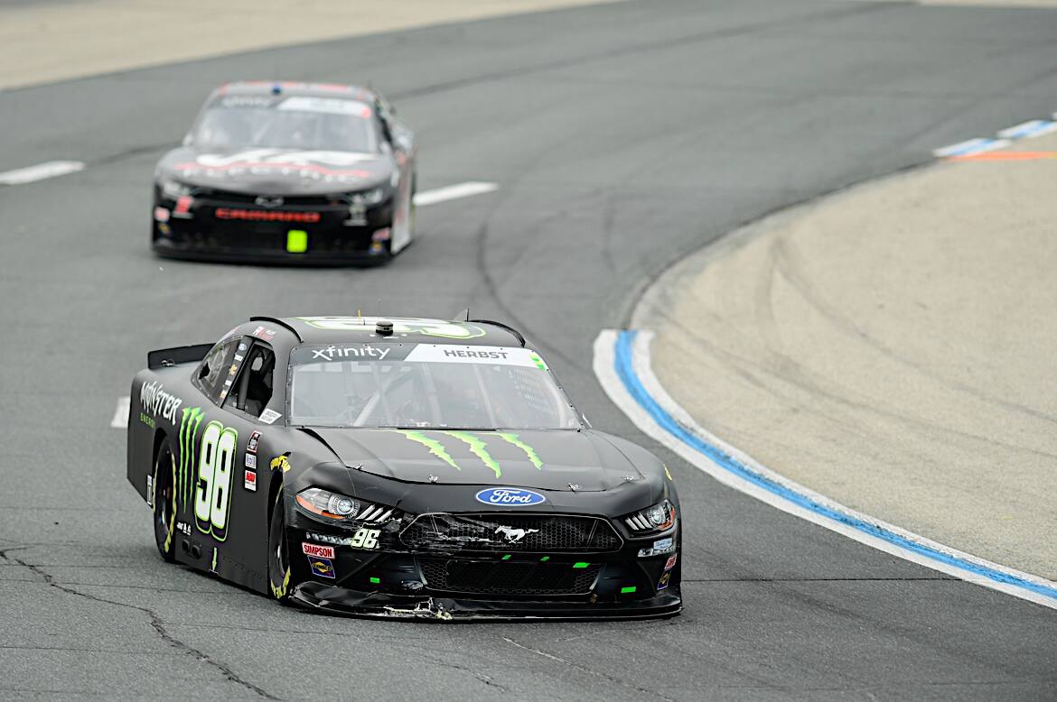 Riley Herbst got hit from behind and hit the wall on lap 27 but rebounded to finish 10th. Riley Herbst got hit from behind and hit the wall on lap 27 but rebounded to finish 10th.