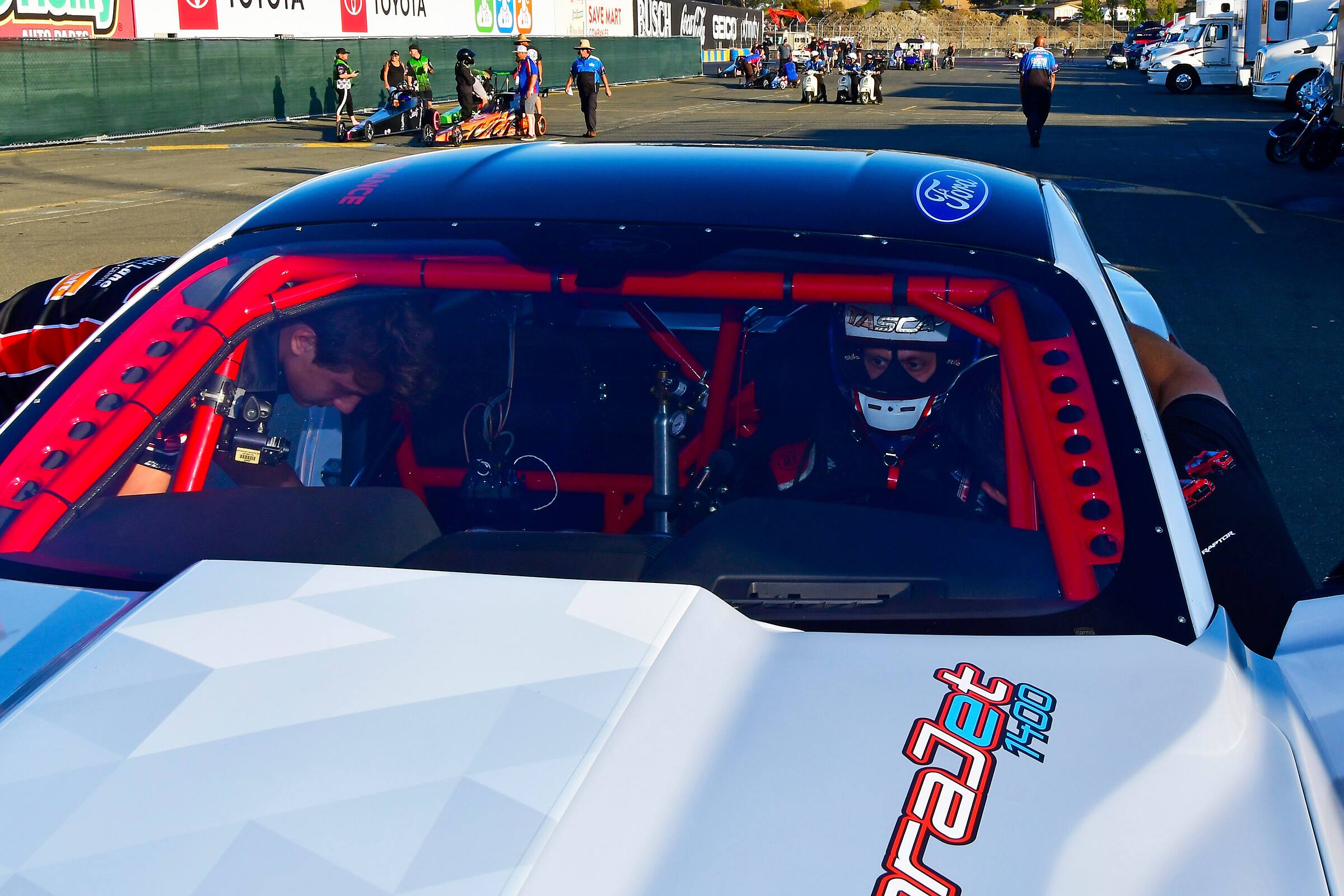 Tasca also drove demonstration runs in the all-electric Mustang Cobra Jet 1400. Tasca also drove demonstration runs in the all-electric Mustang Cobra Jet 1400.