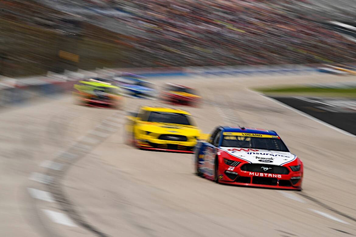 Playoff driver Joey Logano finished 30th after his engine expired on lap 298. Playoff driver Joey Logano finished 30th after his engine expired on lap 298.