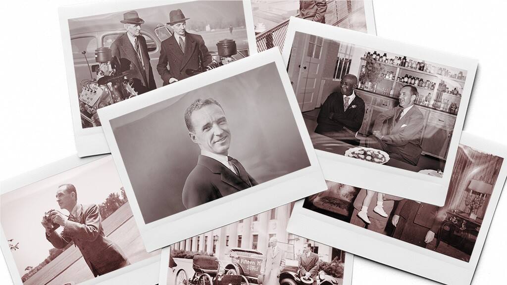 Black and white overlapping photographs of Edsel Ford throughout his life