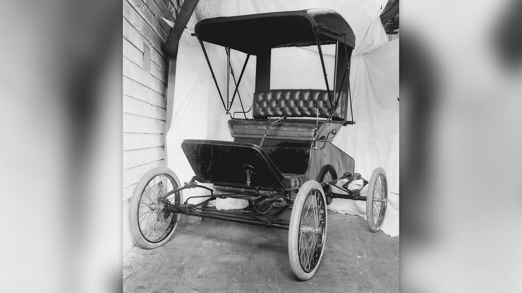 A 1903 Model A prototype is seen here. The car featured a two-cylinder, eight-horsepower engine and could travel up to 30 mph.