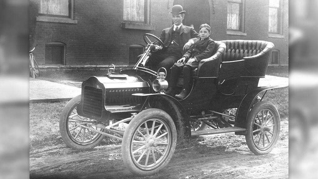 Henry Ford and son Edsel Ford are seen here driving in a Ford Model F in 1905. The car was one of many created (and named in alphabetical order) before Ford landed a smash hit with the Model T in 1908.