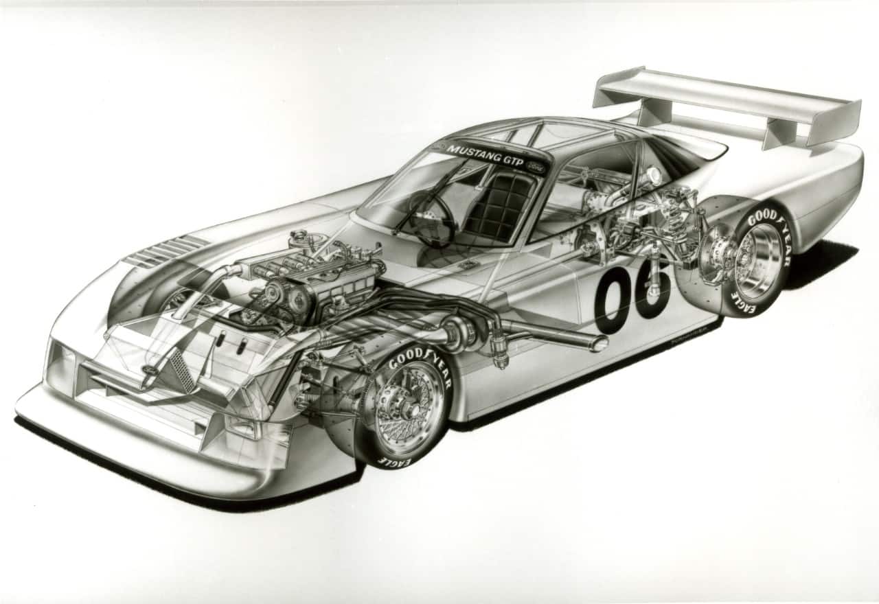 This cutaway shows the interworkings of the Mustang GTP, including its unique, front-mounted and intercooled 1.7-liter, four-cylinder engine and carbon fiber body.  