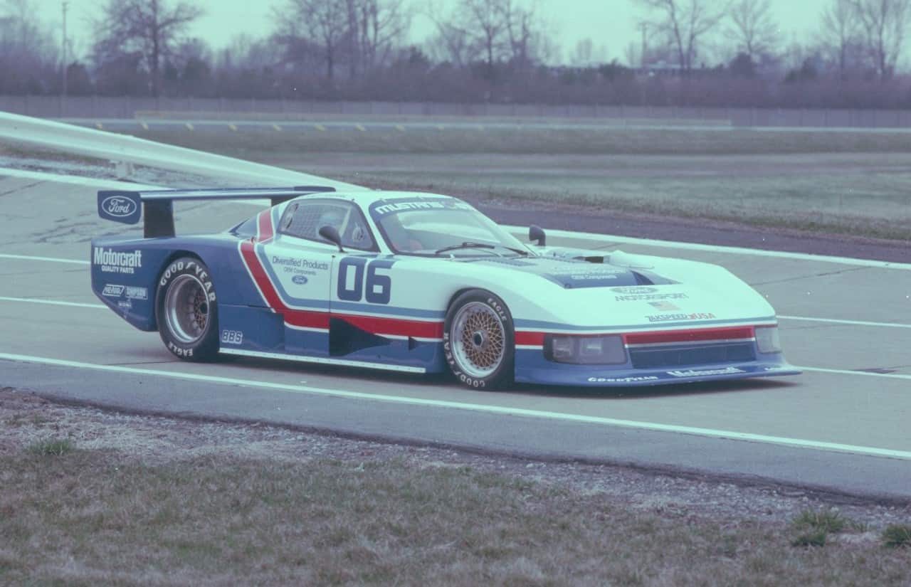 The Mustang GTP, seen here running on Ford’s Dearborn test track in 1980, made its debut in 1983, winning a 500-mile race at Road America in Wisconsin. A second Mustang GTP placed third.
