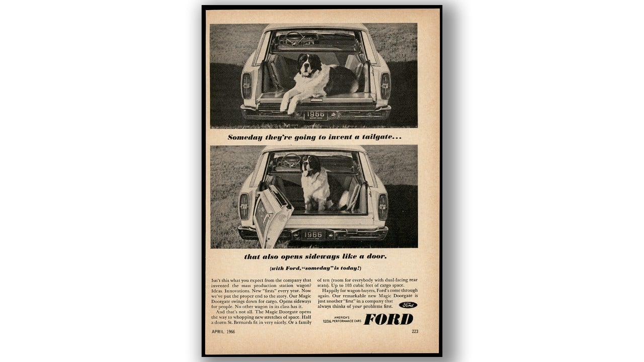 A 1966 Ford ad showcases the tailgate swinging open horizontally on the back of a station wagon