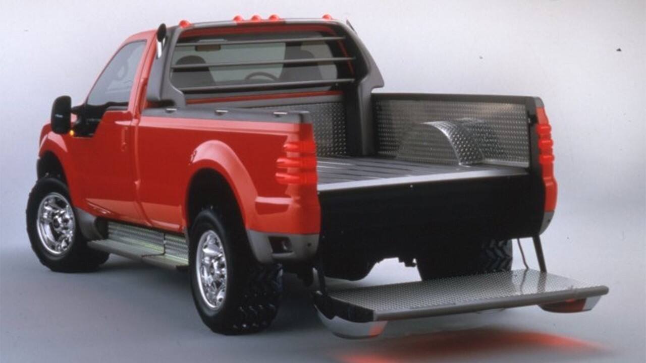 A 1997 Ford Powerforce concept features a pickup tailgate lowering close to the ground