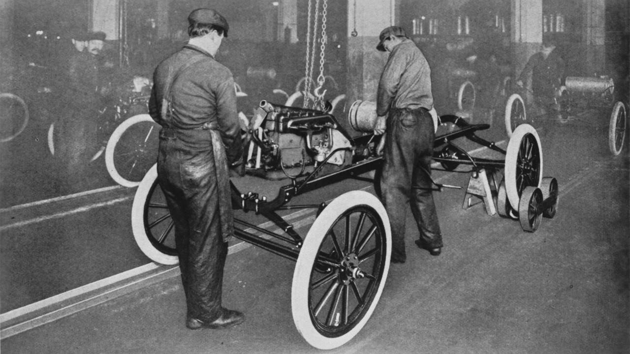 The assembly line at Ford’s Highland Park Assembly Plant