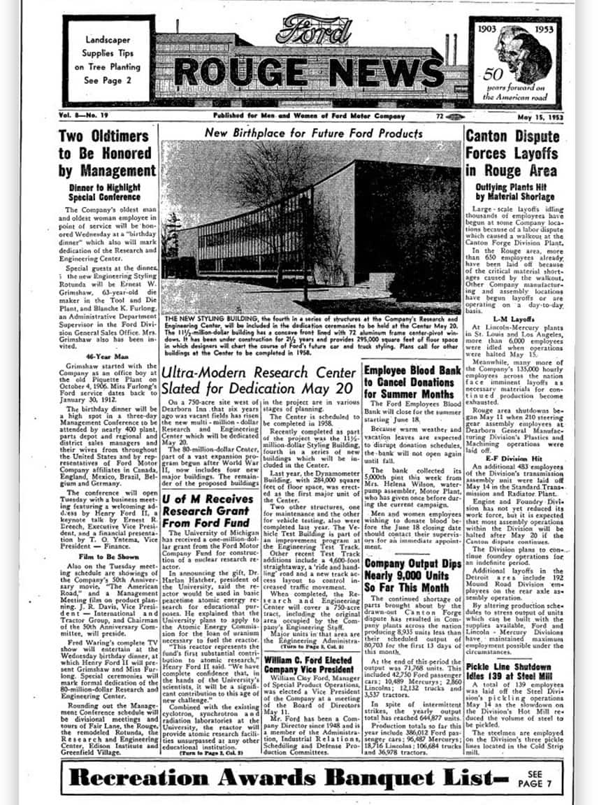 The Rouge News announced Grimshaw’s and Furlong’s honor alongside a photo of the then-new Styling Building, which is now known as the Product Development Center.