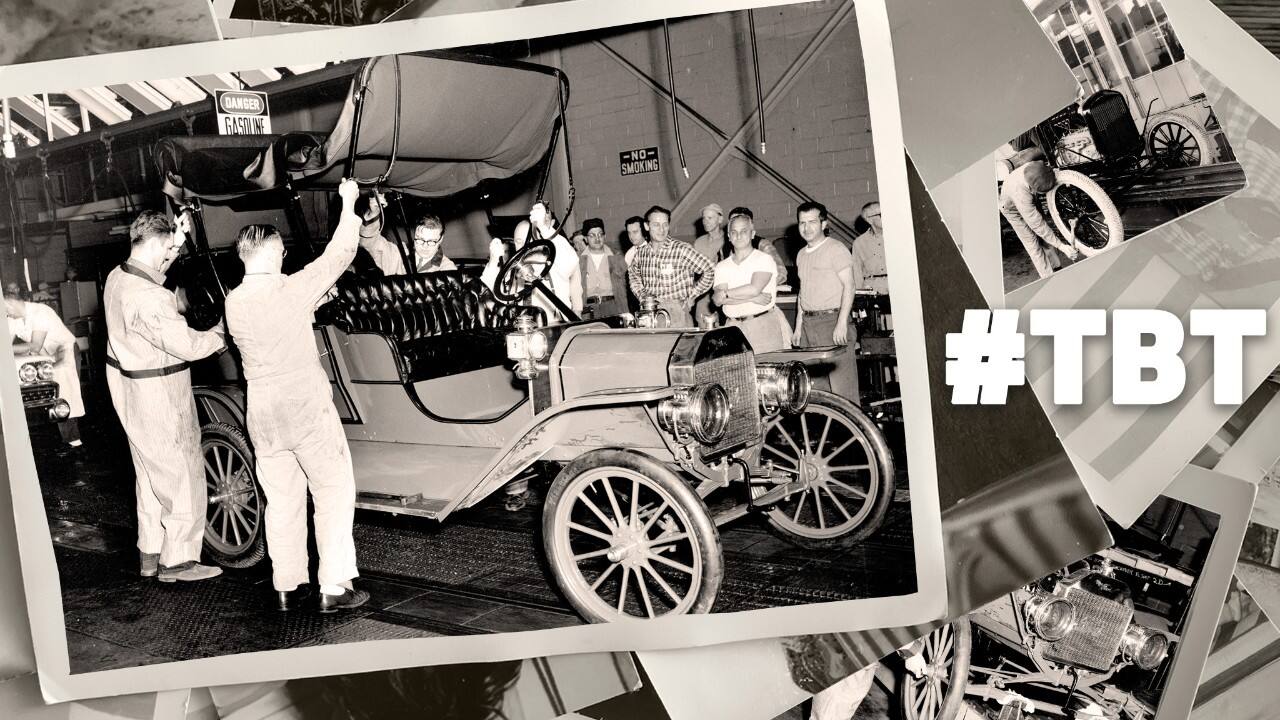 Workers at Ford’s Mahwah Assembly Plant in New Jersey put the finishing touches on a re-created 1909 Model T which was assembled on the plant’s lines alongside brand-new 1959 model year Fords. Some plant employees who had worked on the original Model T were in attendance. 