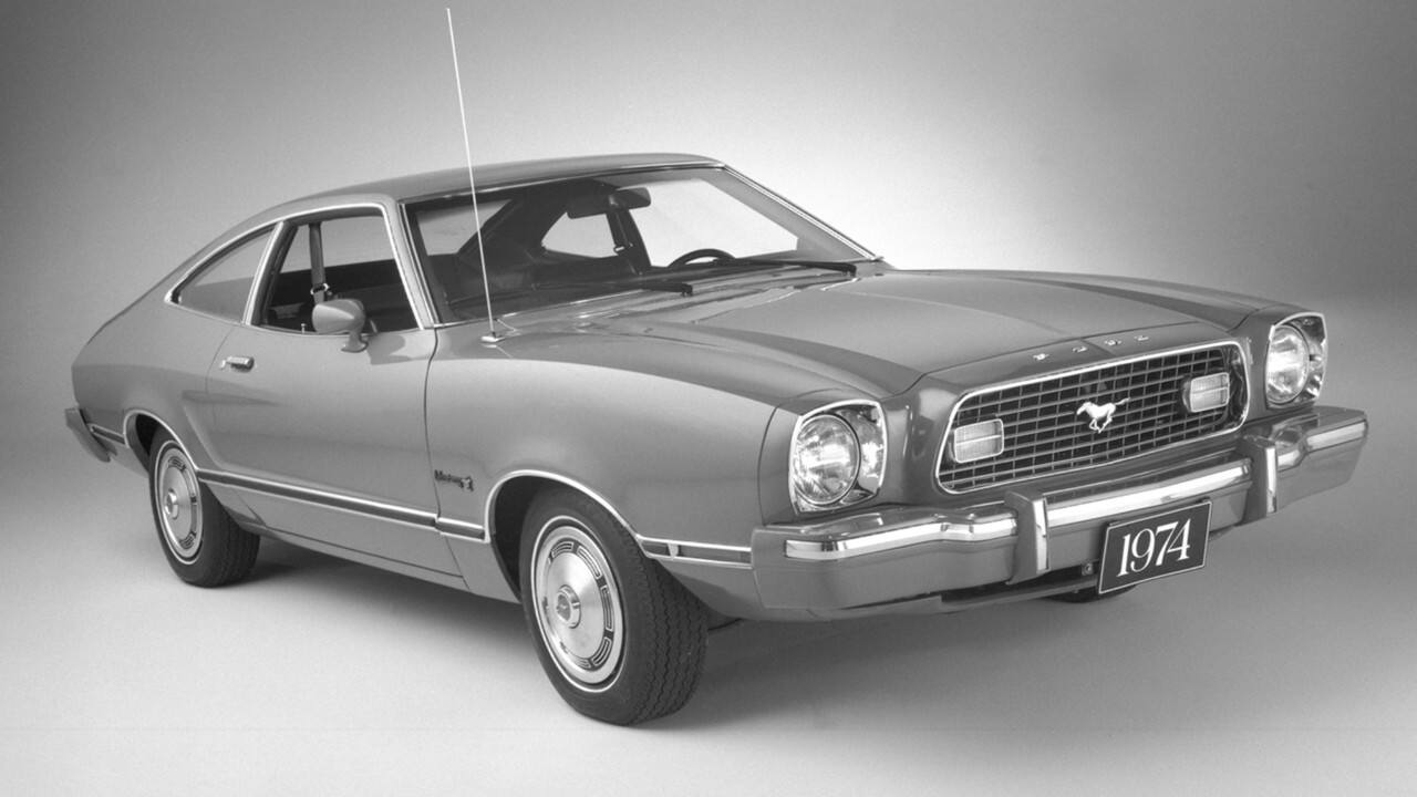 A black-and-white Mustang II