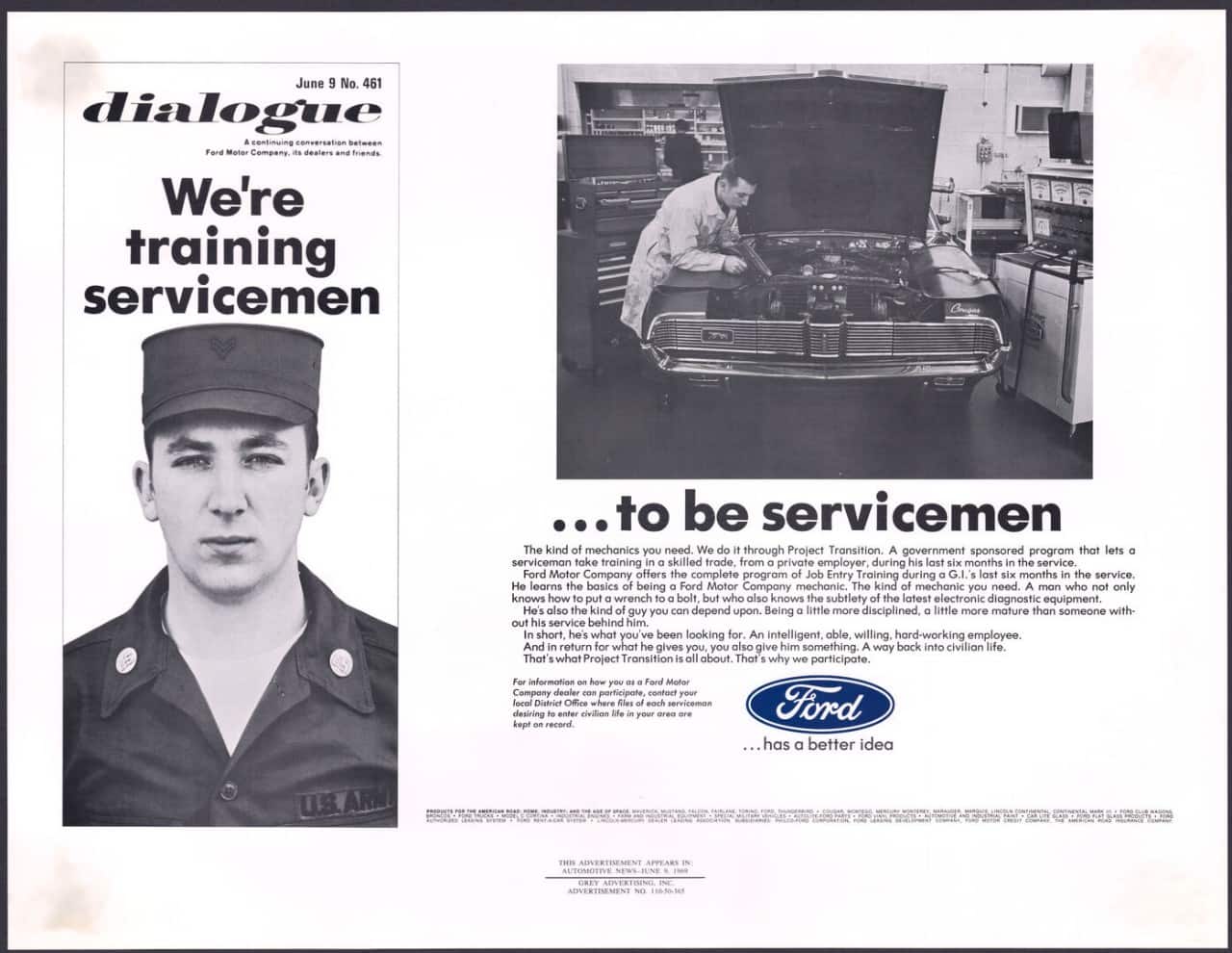 A Ford ad published in 1967 to help recruit veterans for jobs at Ford. 