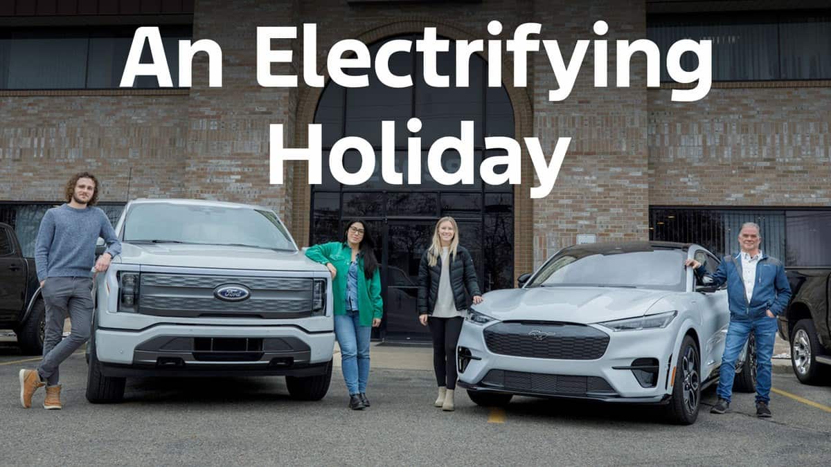 A select group of employees (from left): Zach Schallenberger, Alexandra Itice, Wynter Mortz and Pat Bain; recently had weeklong experiences with the Mustang Mach-E and F-150 Lightning to learn firsthand what it’s like living with a Ford EV.