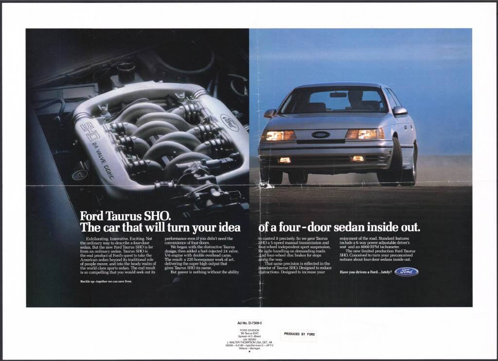 The Taurus SHO featured a five-speed manual transmission paired with a V6 engine capable of producing 220 horsepower.