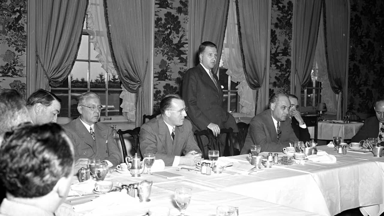 1945 Ford press breakfast at Dearborn Inn Henry Ford II attending