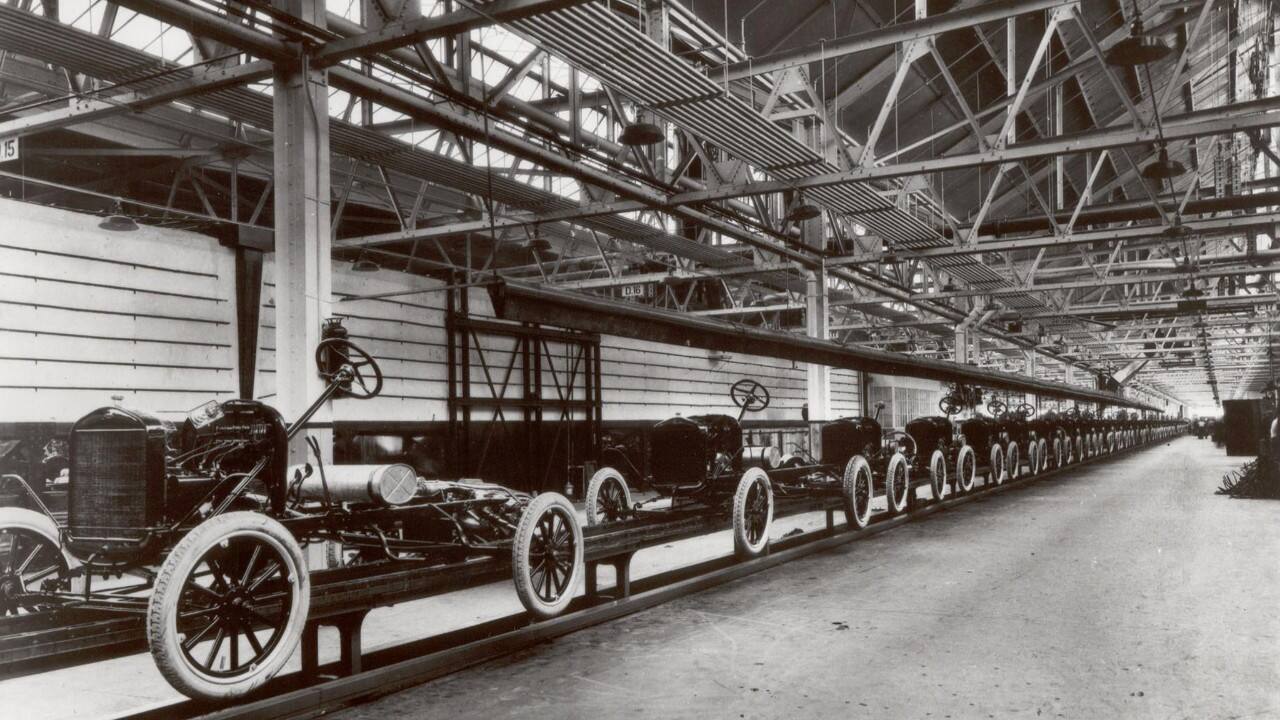 The moving assembly line significantly sped Model T production, but the $5 workday really made its mass production possible.
